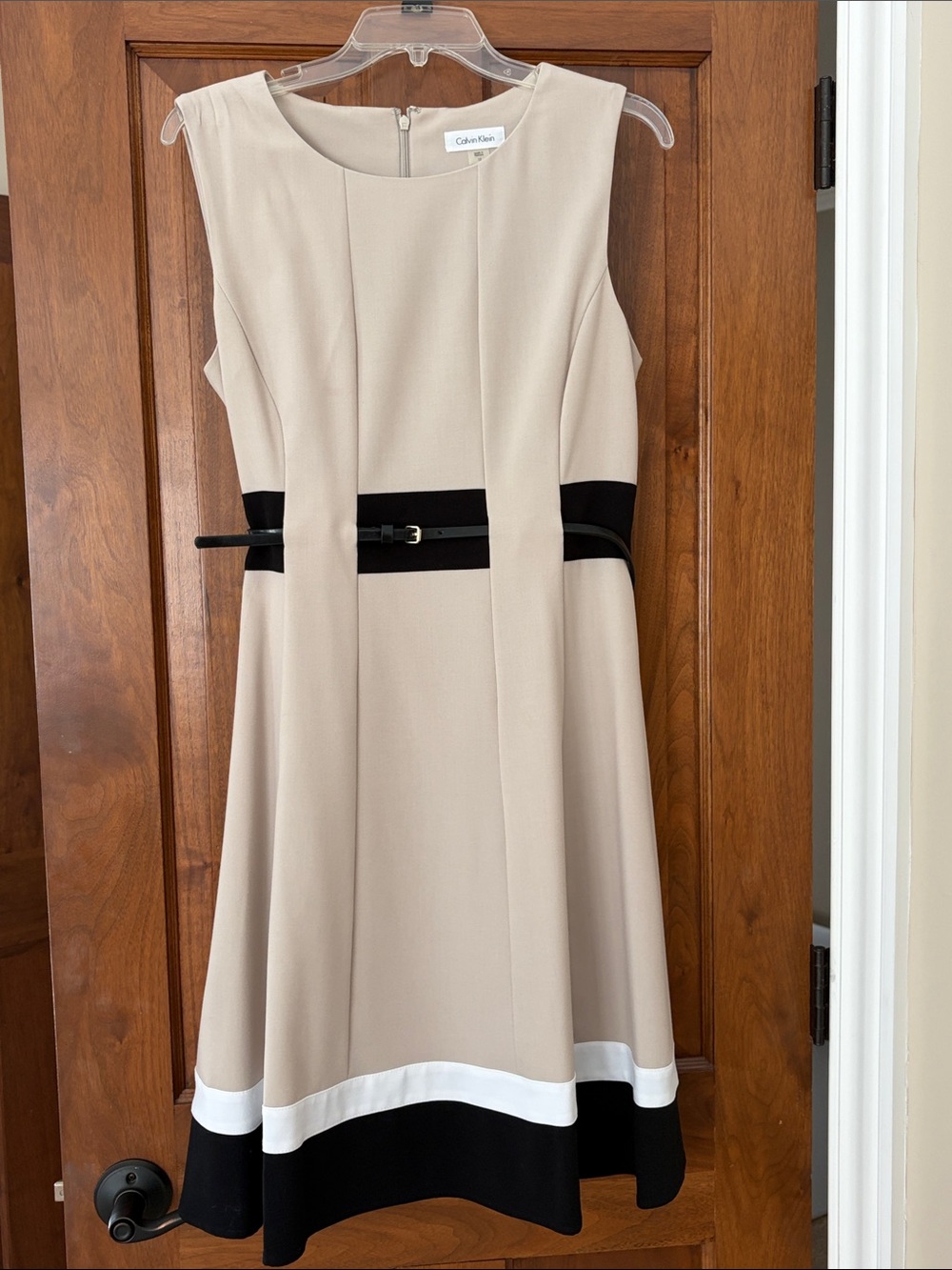 Calvin Klein Beige Midi Dress with Black & White Hem and Black Waist